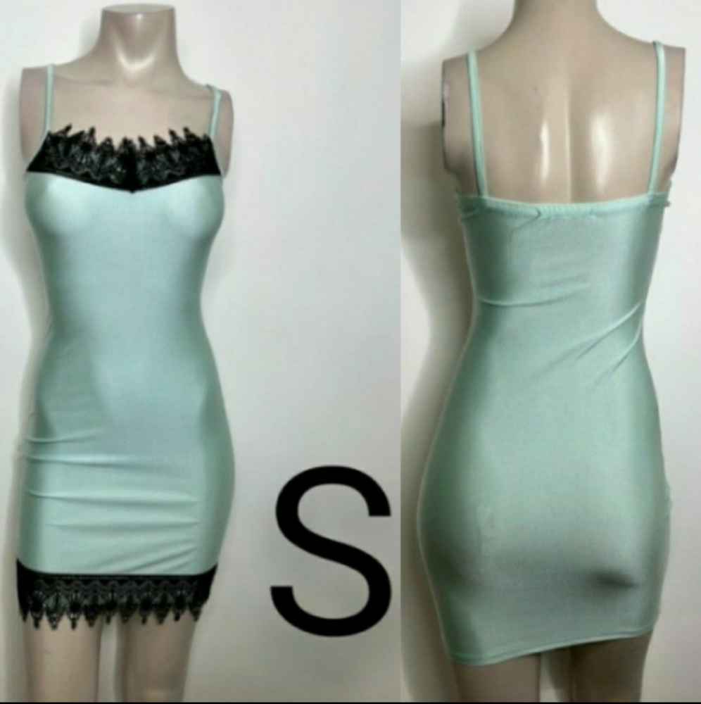 🆕Mint Green & Black Lace Cami Strap Mini Dress     Size S